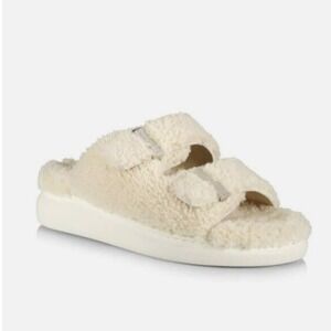 Alexander McQueen Cream Shearling Oversized Slides Sandals Silver Hardware Italy